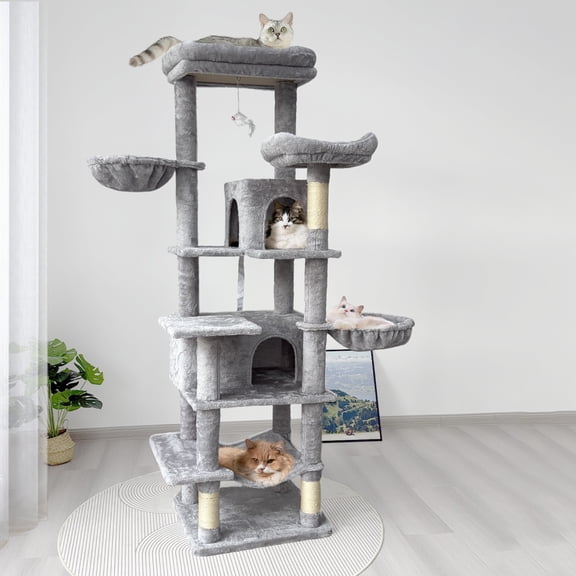 68in Tall Multi-Level Green Cat Tree with Hammocks, Hanging Basket, Cat Cave, Removeable Cushion, Scratching Posts - Plush Cat Tower for Indoor Cats