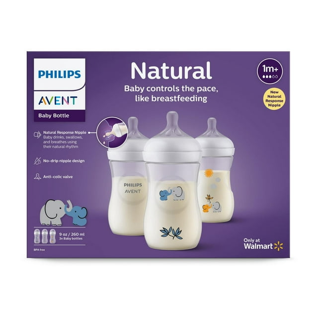 Philips Avent Natural Baby Bottle With Natural Response Nipple, With Blue Elephant Design, 3x9oz Bottles, SCY903/63