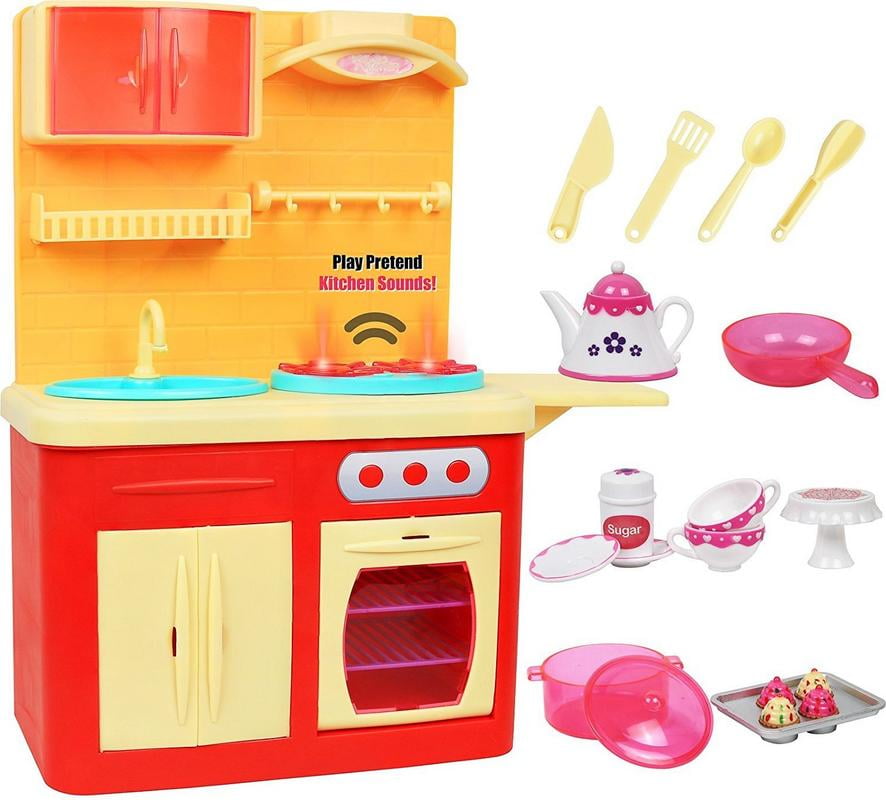 18" Doll Kitchen Play Station with Accessories Lights and Sounds-Perfect 