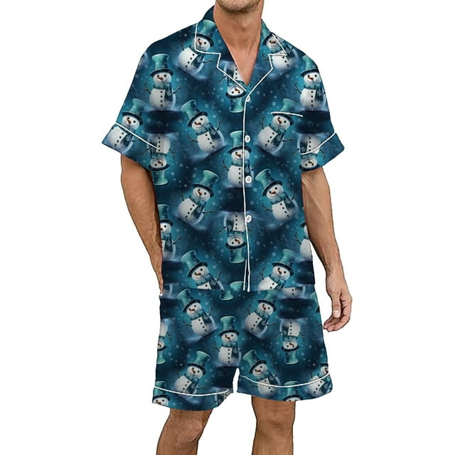 Pyjama pour Hommes de Noël Multicolore Imprimé Pantalon de Pyjama pour Hommes en Soie Satinée Ensemble de Pyjama à Manches Courtes pour Hommes Ensemble de Pyjama à Boutons