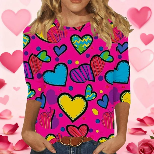 RKSTN Valentines 3/4 Sleeve Tops for Women Oversized Crewneck Valentine's Day Graphic Printed Short Sleeve T Shirt Womens Casual Round Neck Loose Comfy Loves Heart Print Three Quarter Sleeve Shirts