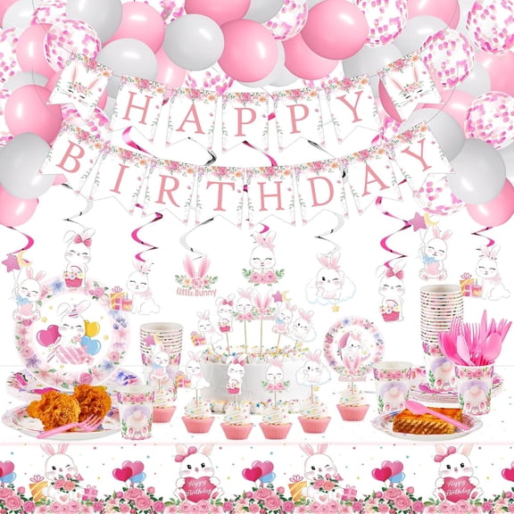 Easter Bunny Party Decorations Kit with Banner, Swirl, Balloons, Cupcake Toppers, Paper Plate Cups Disposable Spoon