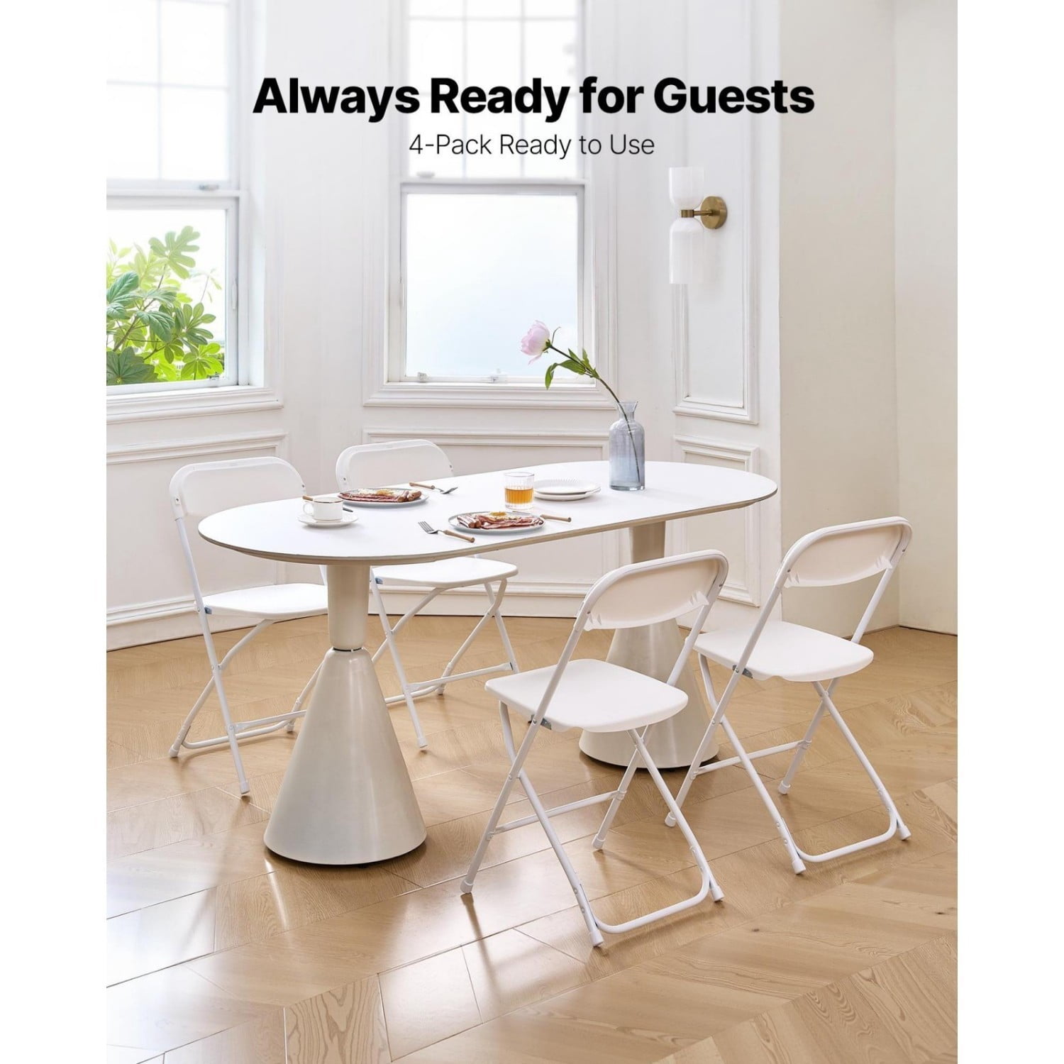 Folding Chairs Set of 4, Plastic Folding Chairs with Heavy-Duty Metal Frame, Portable Stackable Chairs for Indoor Outdoor Home, Garden, Parties, Events, White