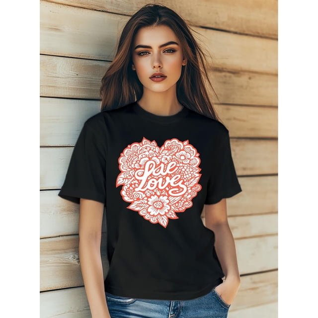 Women's Romantic Love Cartoon Doodle Heart Flowers Print T-Shirt , Short Sleeve, Round-Neck, Slim Fit Streetr for Valentine's Day Tee For Adult, Men, Women, Teen, Teenager, Adolescent, Youth