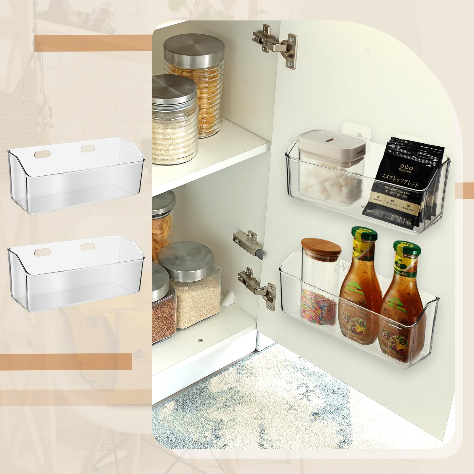 MODANU 2 Packs Adhesive Cabinet Door Organizer, Clear Plastic Lid Organizer for Food Storage Container Lid, Wall Mounted over Pantry Door Organizer Bin Holder Caddy for Kitchen Bathroom