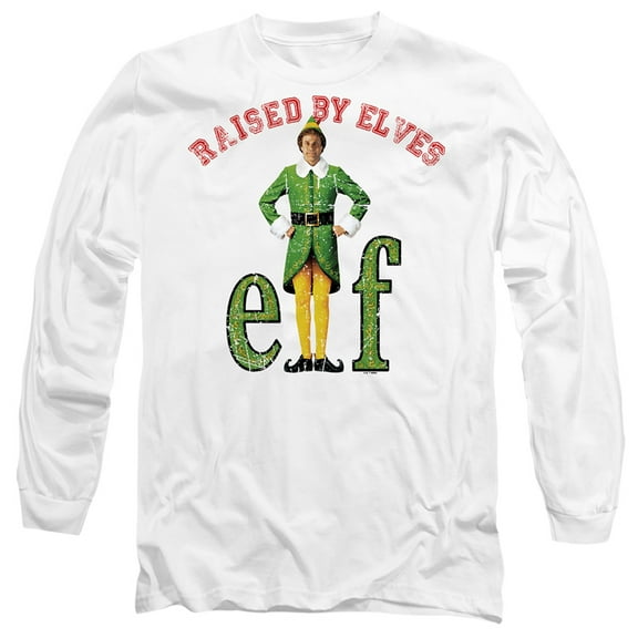 Elf Christmas Raised by Elves Unisex Adult Long-Sleeve T Shirt (Large) White