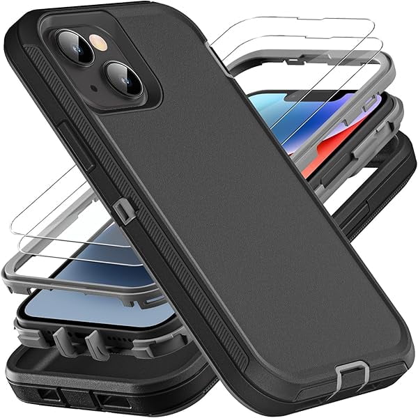 wonima11 iPhone 13/14 Military Grade Case, 3 in 1 Heavy Duty Shockproof/Drop Proof/Dust Proof With 2Pcs Tempered Glass Screen Protector (Black/Grey)