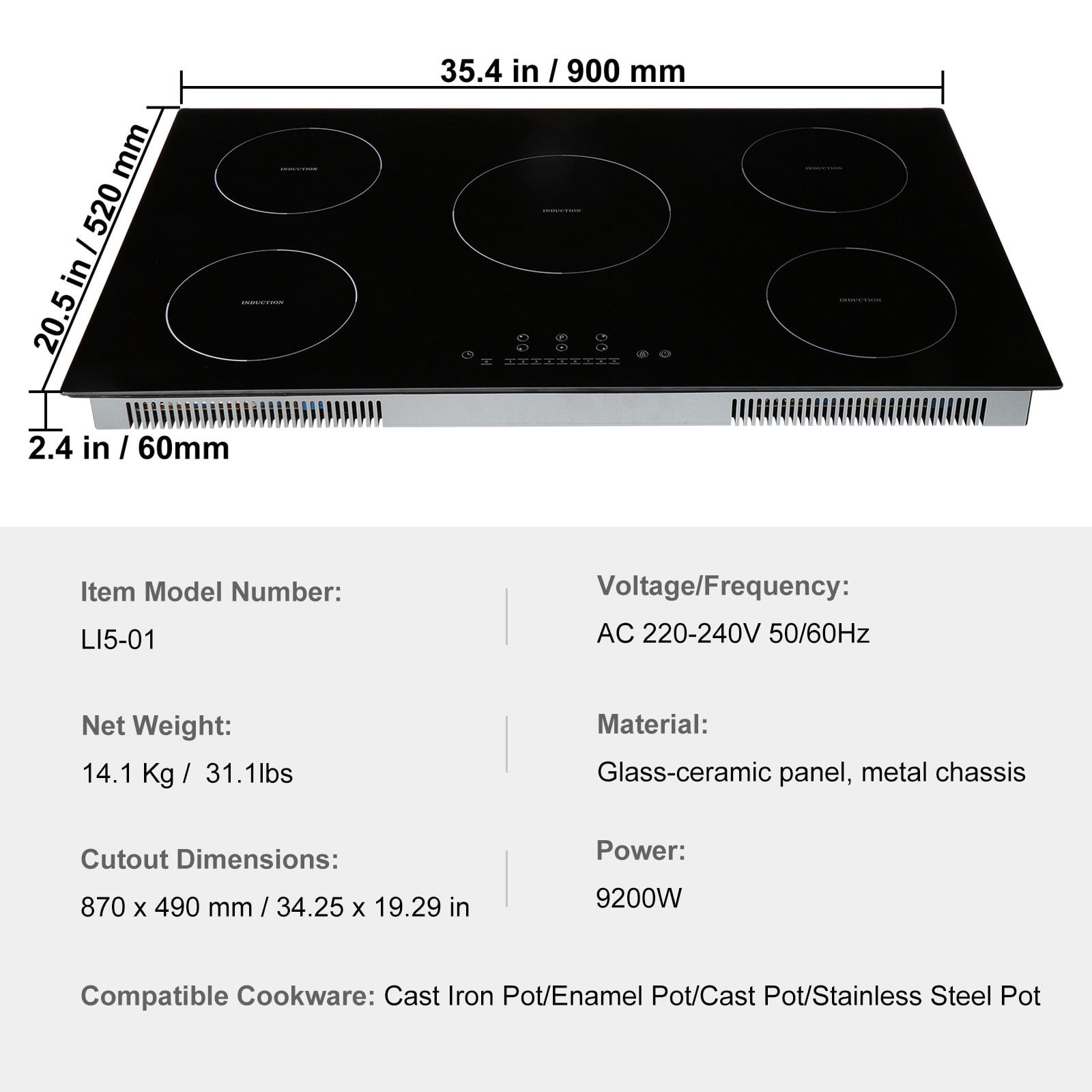 5-Burner 36" Magnetic Induction Cooktop, 9200W High Power, 9-Level Heating, Child Safety Lock