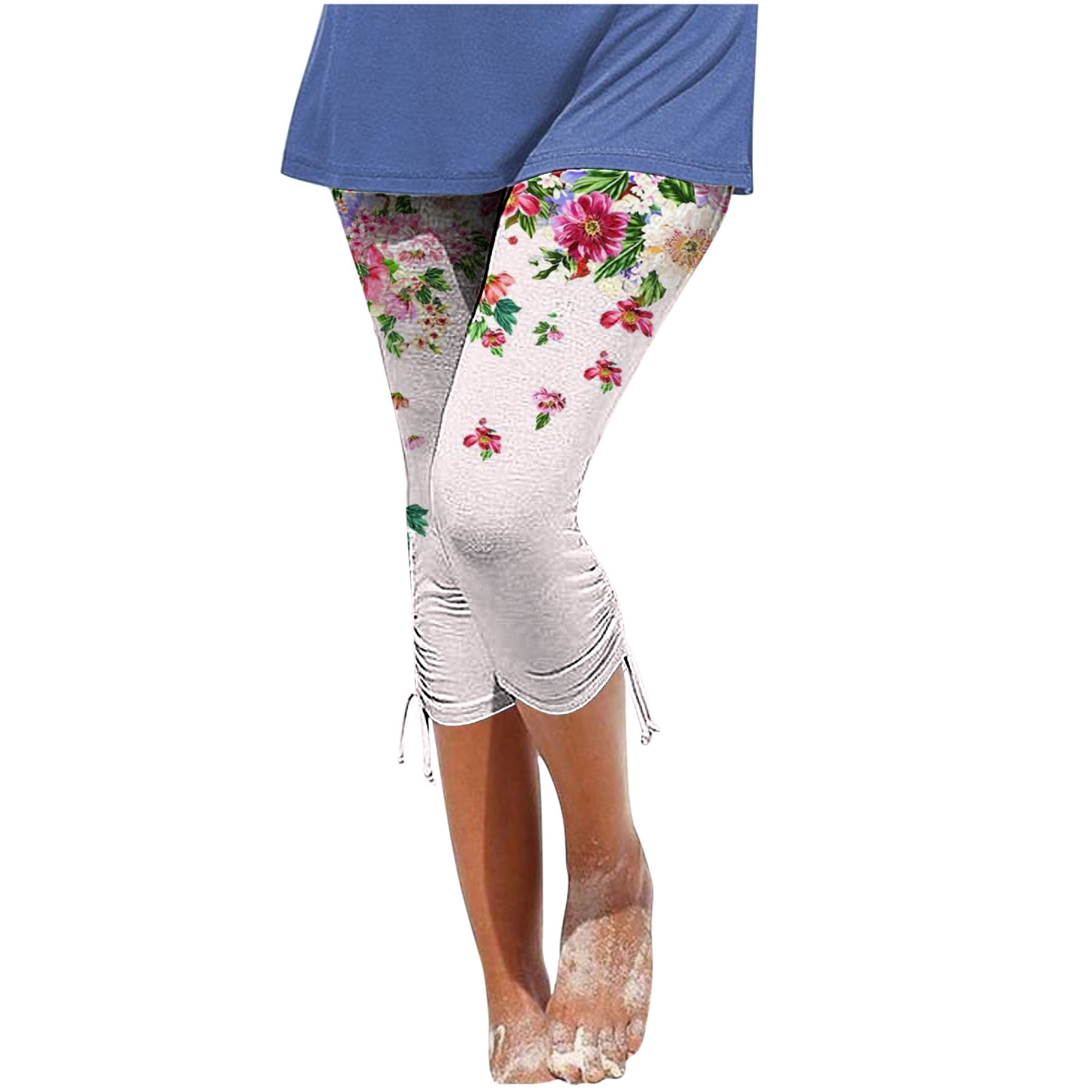 Women Cropped Leggings Drawcord Bottom Cute Floral Print Stretch