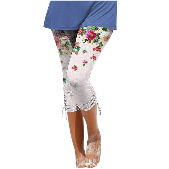 Bigersell Women's Cropped Elastic Waist Pants Casual Summer Floral Print Boho Pants Pull on Capris Leggings Pant Side Drawstring Slim Straight Leg Skinny Legging Lightweight Comfy Lounge Pants