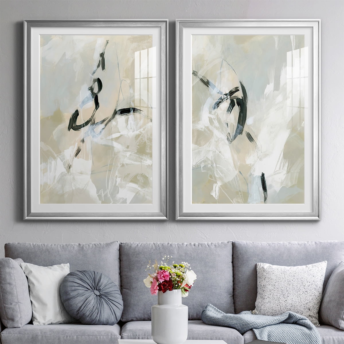 Wexford Home Scribble Veil I Premium Framed Print, 22.5" x 30.5" - Ready to Hang, Silver (Set of 2)