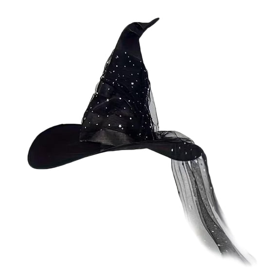 Long Veil Pointed Witch Halloween Hat, Wide Brim Soft Fabric Wizard Hat, Fashion Headpiece Accessory For Themed Event, Holiday Party, Costume Gathering And Evening Party Black