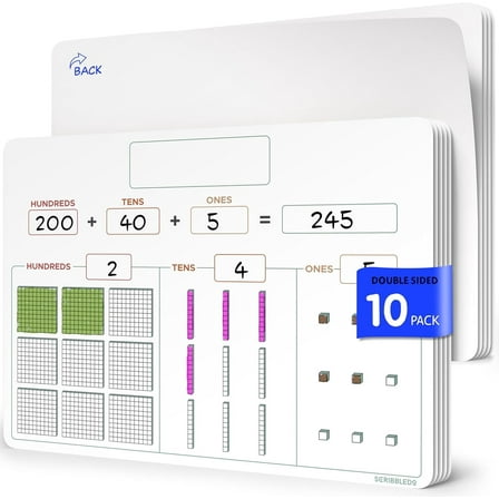 Scribbledo Base Ten Blocks Dry Erase Sheets, Small Whiteboard Math Manipulatives, 9” x 12”, 10-Pack