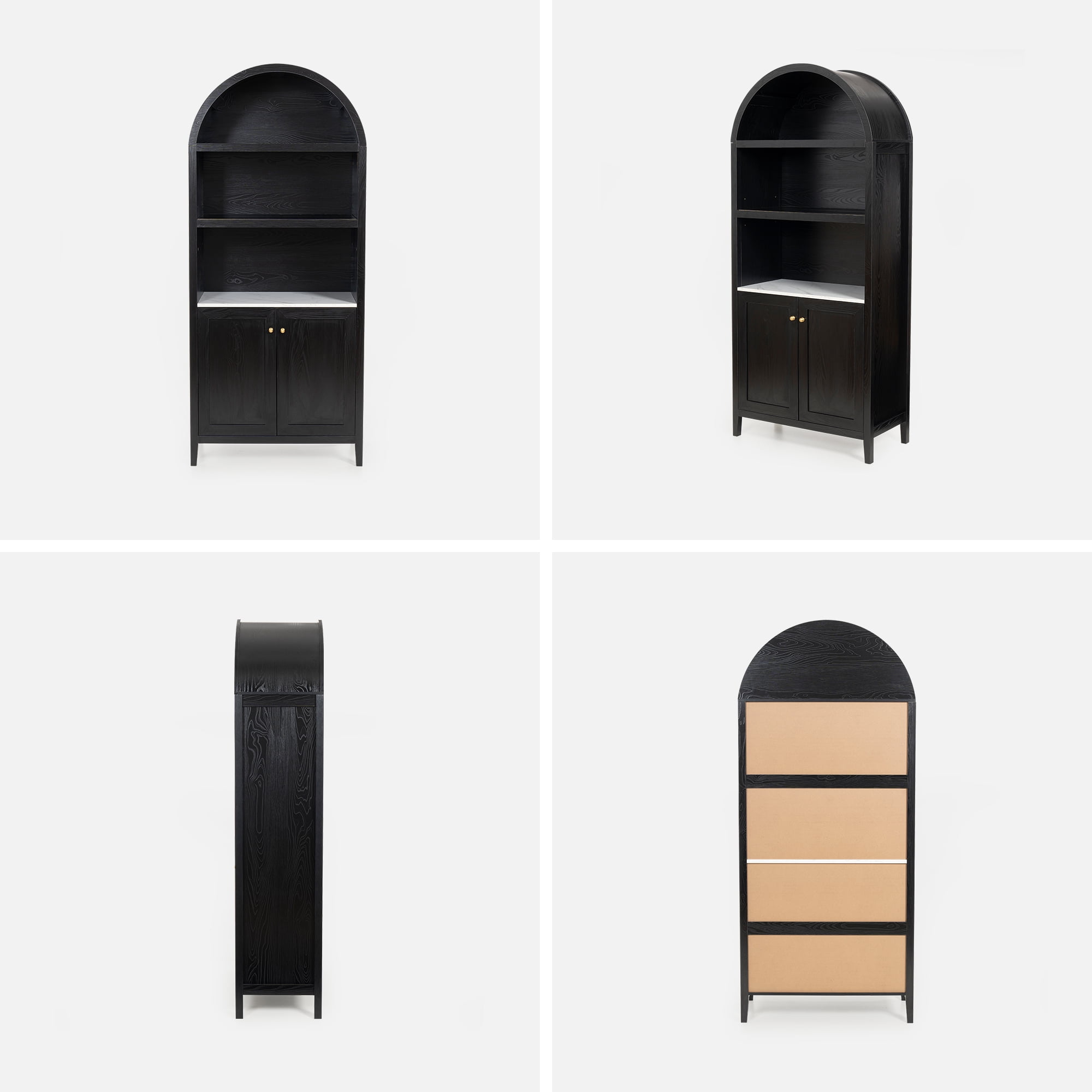 EYYTHUNG 71" Tall Arched Cabinet Modern Farmhouse 5-Tier Arched Bookcase Storage Display Cabinet with Faux Marble Top, Black