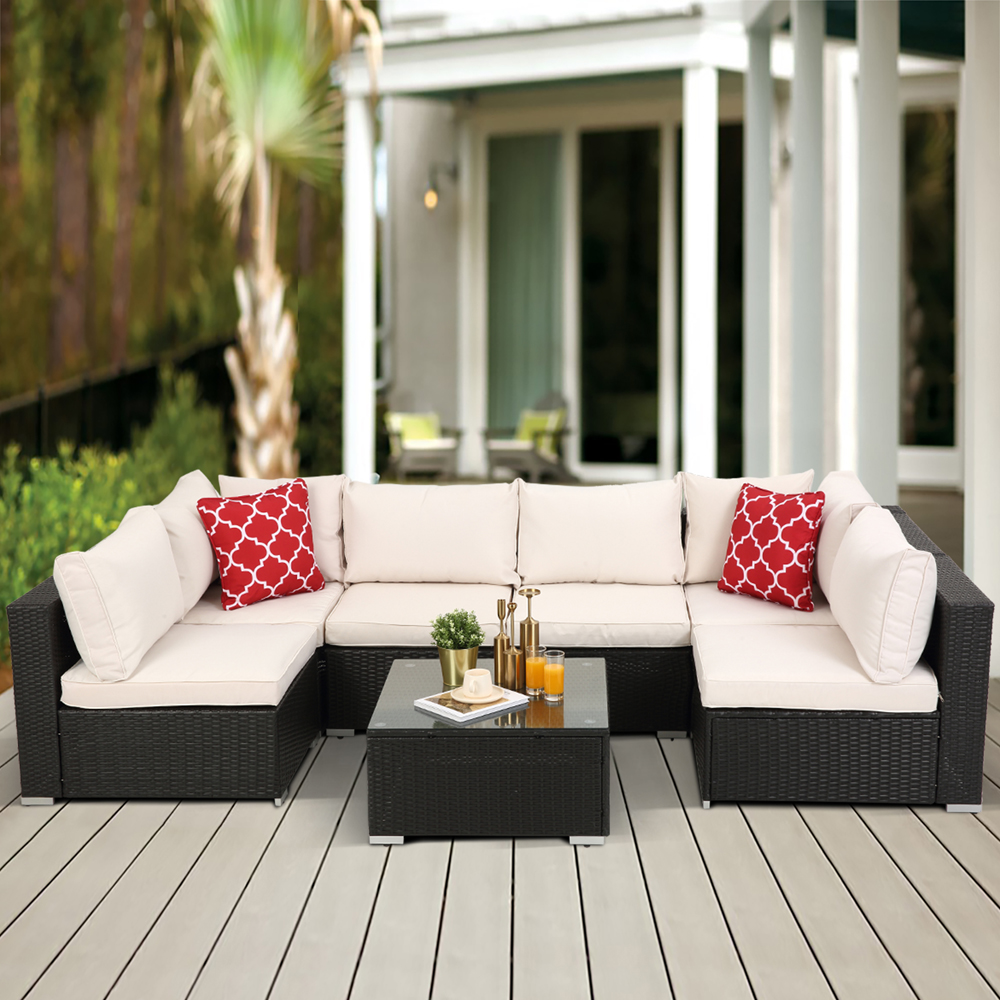 Rattan Patio Furniture Set, 7PCS Wicker Conversation Set, Weather Resistant Cushioned Sofa Set, Sectional Sofa Chairs with Glass Tabletop & Cushions, Deck Garden Lawn Pool Furniture Set, K3268 - image 3 of 13