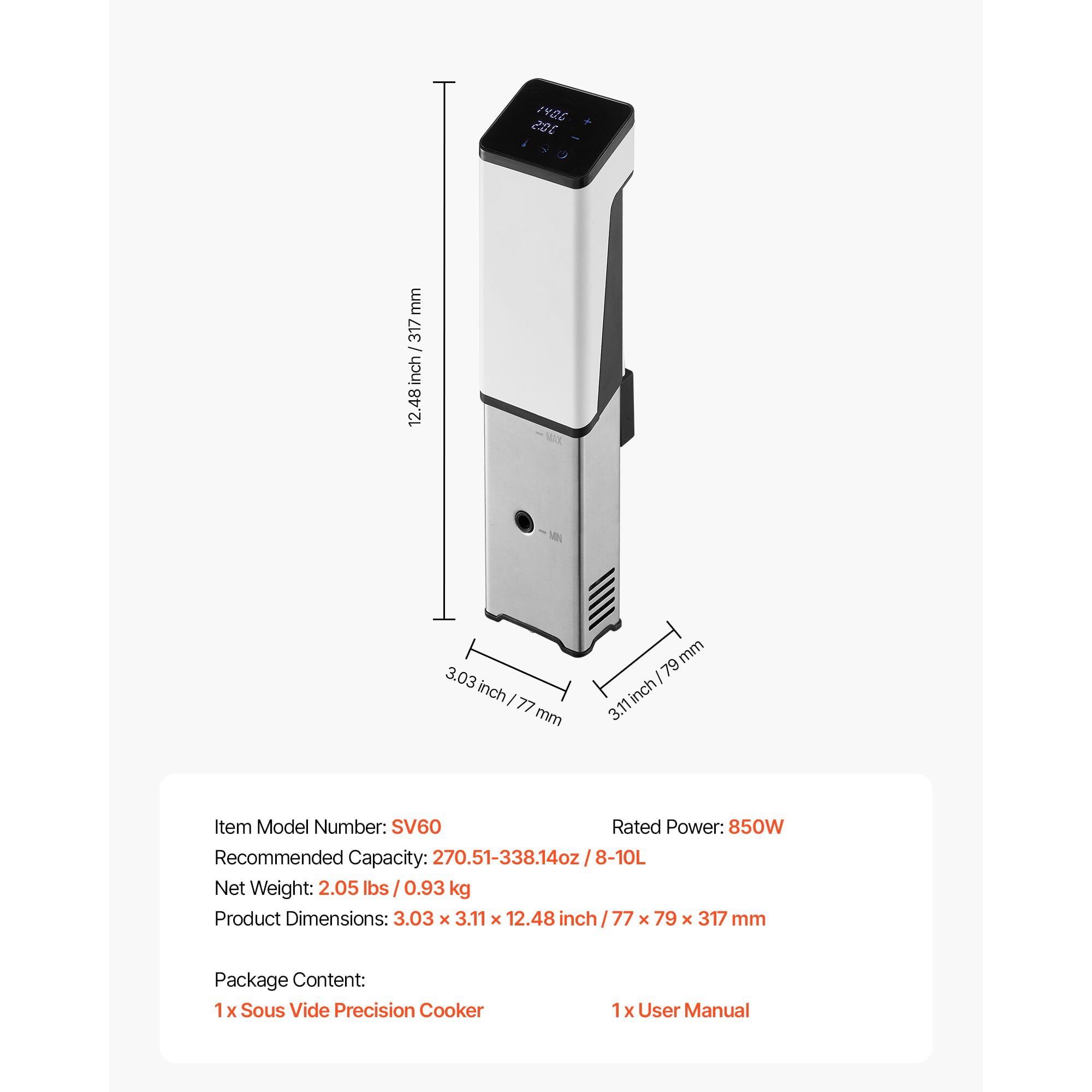 Sous Vide Precision Cooker 850W 32-194°F 0.1°C Accuracy 8-10L Capacity Stainless Steel for Steak Seafood Eggs