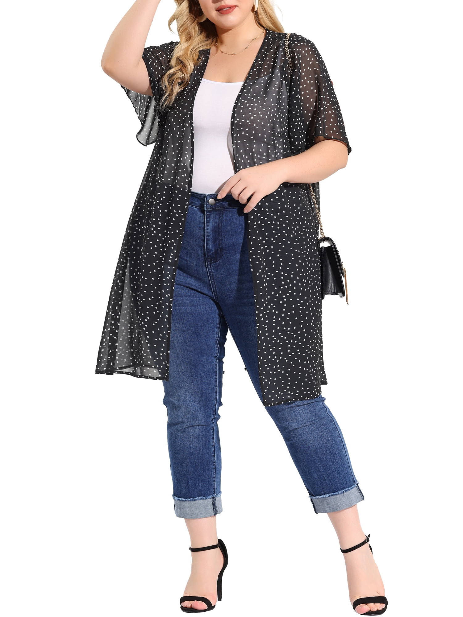 Unique Bargains Junior's Plus Size Polka Dots Bell Sleeve Female Chiffon Cardigans 1X Black