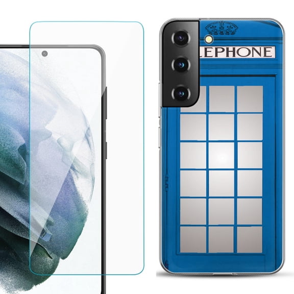 Slim-Fit TPU Fashion Phone Case for Samsung Galaxy S22 5G, with Tempered Glass Screen Protector, by OneToughShield ® - Phone Booth Blue