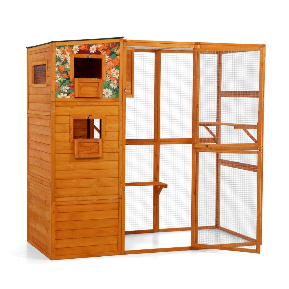 GVN Cat Enclosure, Cat Cage Cat House,4-Tier Window Design Outdoor Cat Catio with Weatherproof Roof, 2 Resting Rooms, 2 Platforms, Orange