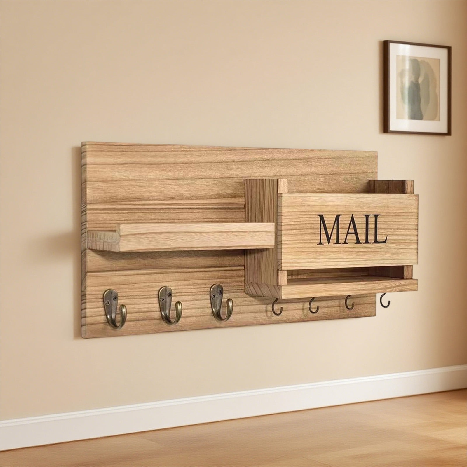 Wall Mounted Coat Rack, Key Holder with Mail Organizer for Entryway, Wooden Shelf with Hooks for Home Decor and Storage