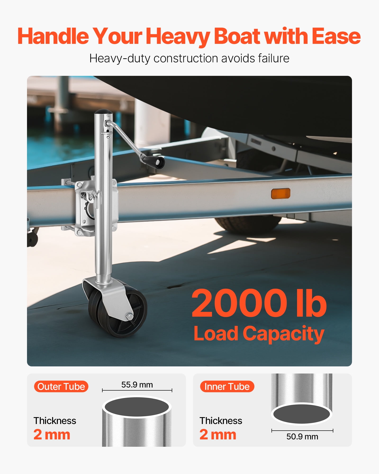 VEVOR Trailer Jack with Wheel, 2000 lbs Load Capacity, Heavy Duty Swivel Boat Trailer Jack with PP Dual Wheel & Ergonomic Handle, 15-27 Inch Lift Range, Fit for RVs, Boats and Utility Trailers