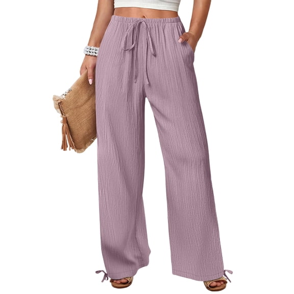 Wide Leg Linen Pants for Women Casual Drawstring Palazzo Pants Summer Vacation Beach Flowy Trousers with Pockets, S