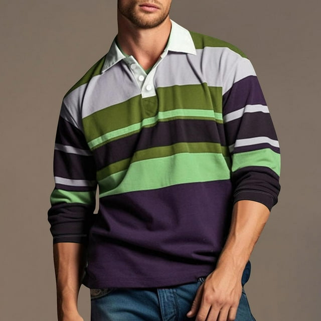 Leodye Polo Décontracté et Confortable à Manches Longues pour Homme, Chemise de Golf à Col Contrastant avec Poche, Violet G(L)