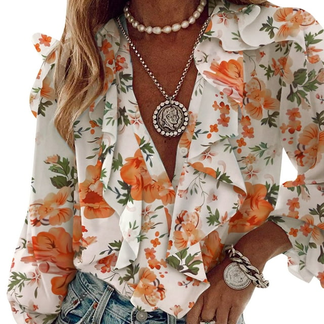 Gupgi Women Button-down Ruffle Shirt, Adults Solid Color/Letter/Butterfly/Plant Print V-neck Long Sleeve Blouse