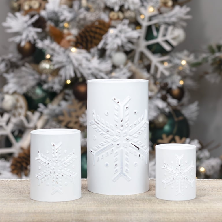 AuldHome Snowflake Candle Lanterns Set Of 3 - Christmas Holiday Decor For Pillar Candles, White Metal