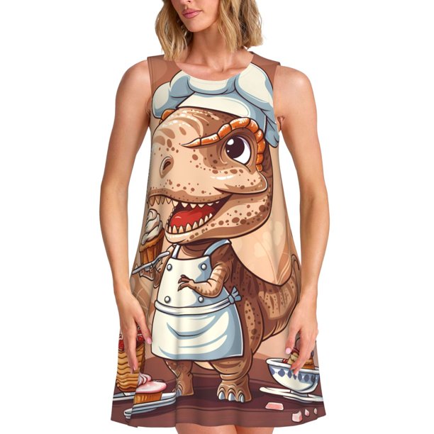 Disketp Dinosaur Baking Delight para Vestido sin Mangas para Mujeres, Vestidos de Verano para Mujeres, Casual y Holgado para la Playa