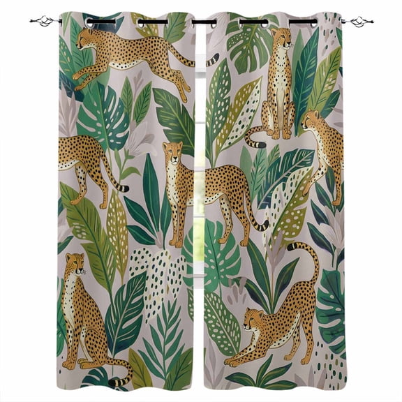 Leopard Botanical Blackout Curtains for Bedroom/Living Room, Thermal Insulated Kitchen Curtains, Summer Tropical Animals Leaves Grommet Darkening Window Treatment Drapes 27.5"x39"x2
