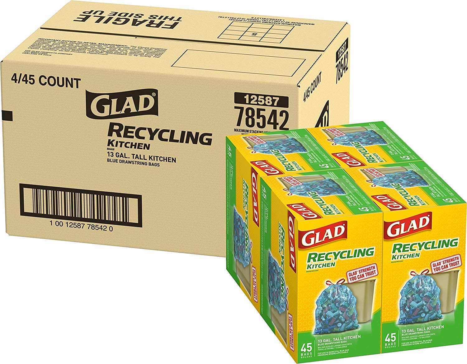 Glad Recycling Tall Drawstring Kitchen Blue Trash Bags 13 Gallon 45
