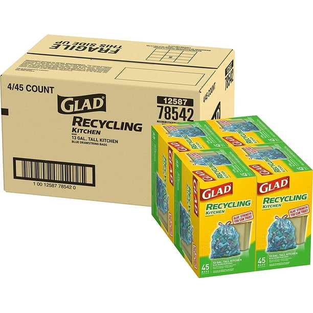 Glad Recycling Tall Drawstring Kitchen Blue Trash Bags 13 Gallon 45