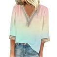 thumbnail image 2 of Weiqiqre Summer Fashion Tops for Women Graphic Gradient Printed Lace V-Neck 3/4 Sleevet Casual T-shirt Blouse, 2 of 5