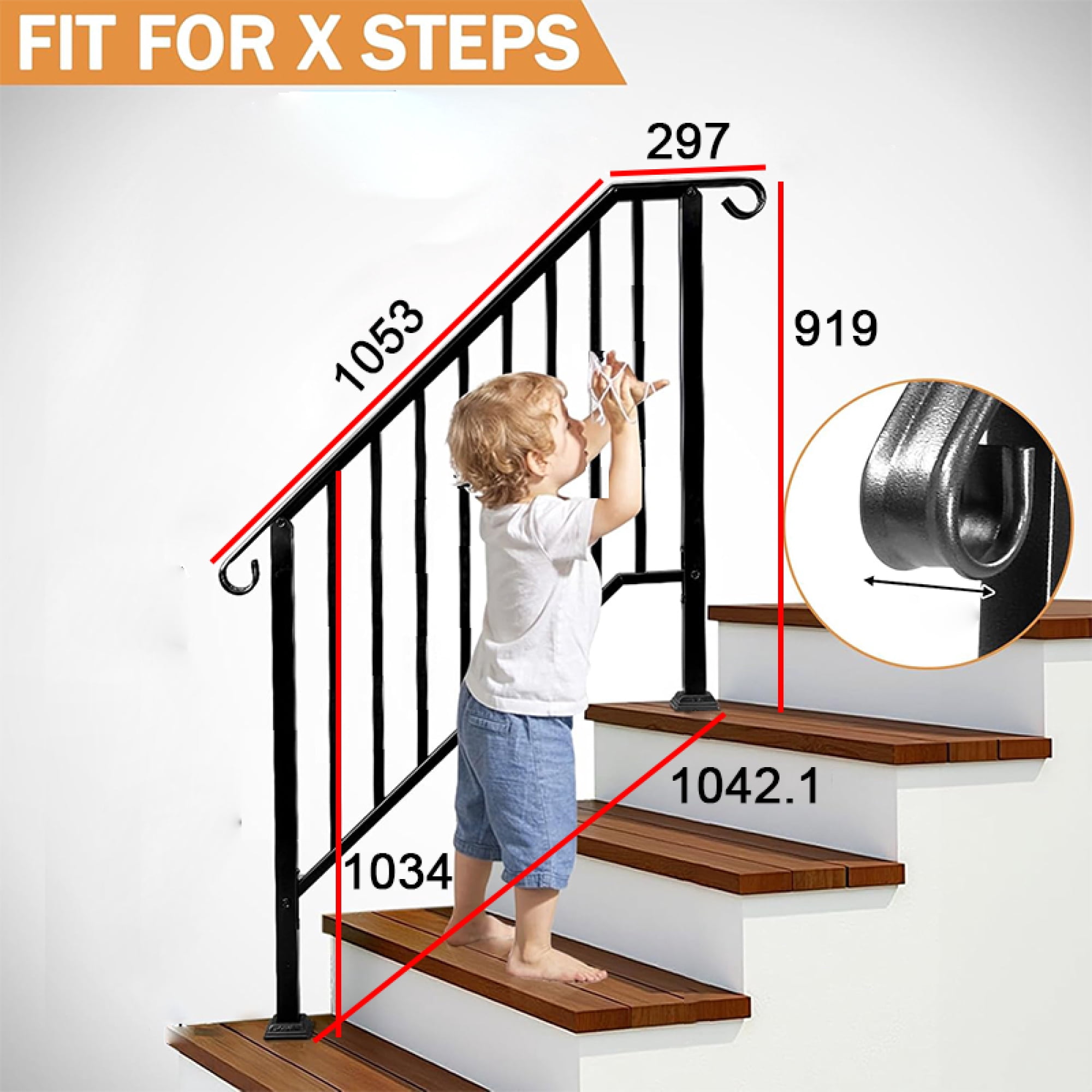 Leumius Hand Rails for Outdoor Steps,4 Step Galvanized Steel Railing Kit with Curved Ends and Safety Balusters Exterior Railing for Porch, Deck
