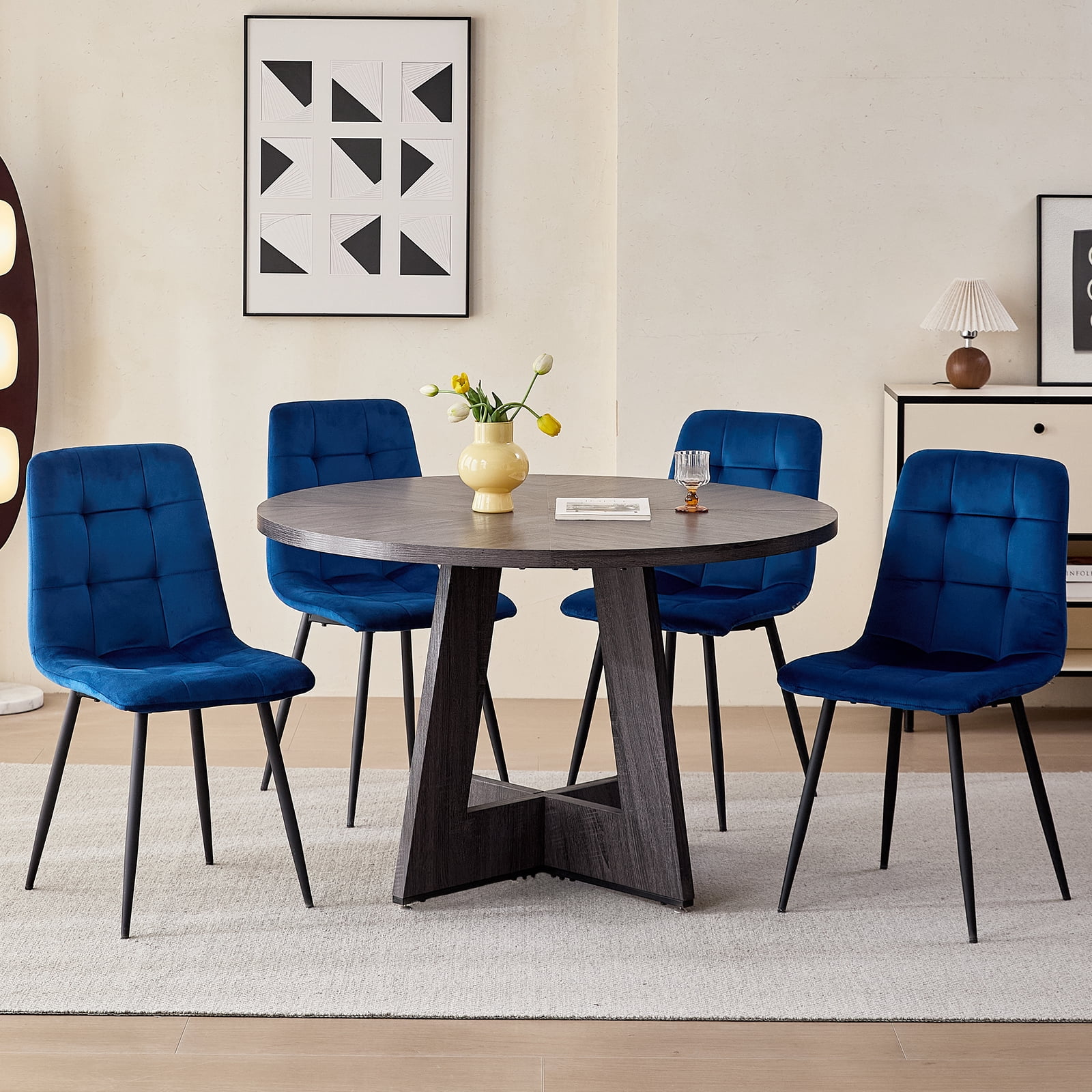 Set of 4 Velvet Dining Chairs - Mid Century Modern Dinning Chair, Upholstered Cushion Seat, Square-Patterned Backrest, Blue, Dinner Chairs with Metal Legs for Dining Living Room, Bedroom(Only Chairs)