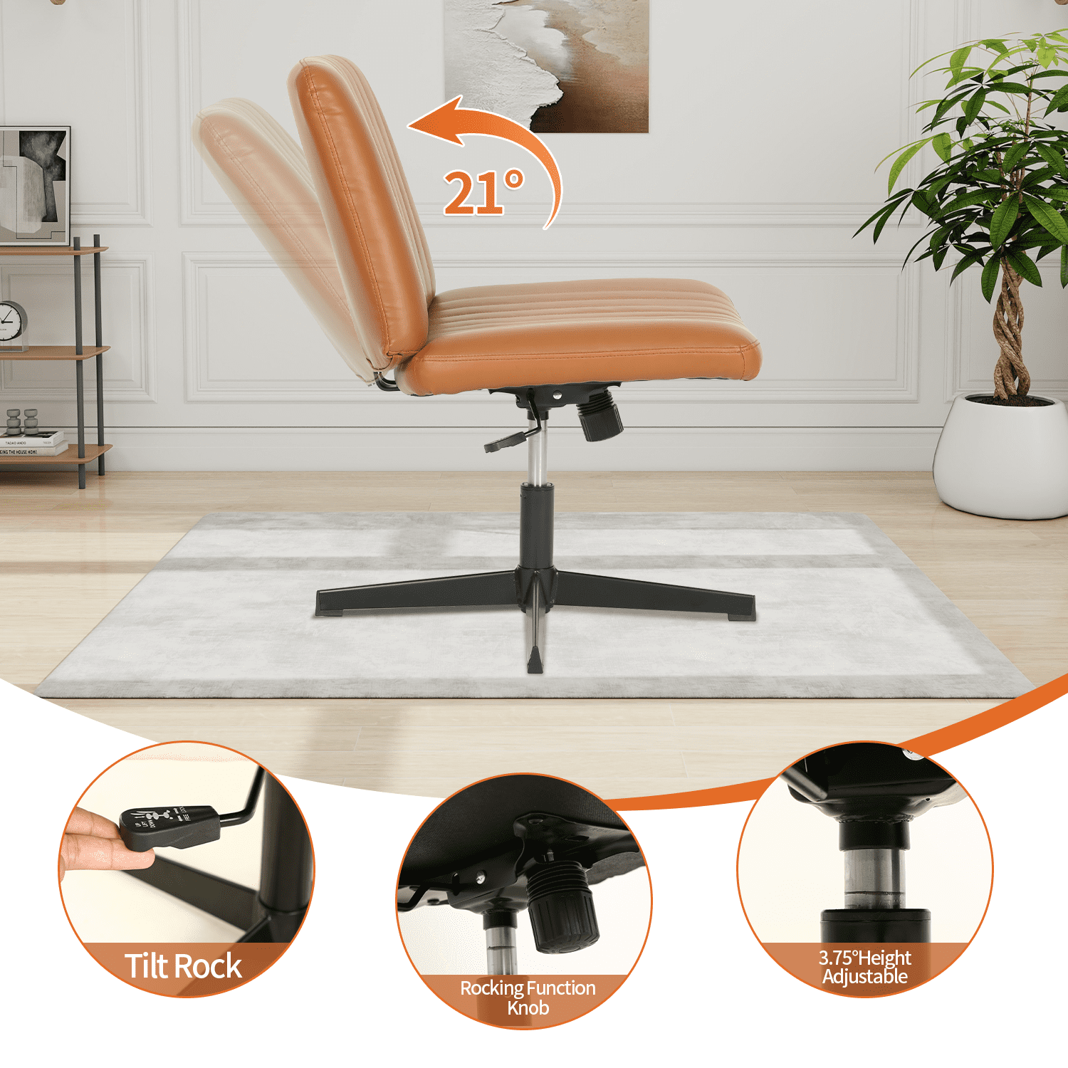 BIQWBIC Crisscross Chair Armless Vanity Chair Adjustable Home Office Desk Chair with No Wheels, Brown