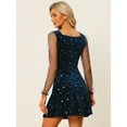 thumbnail image 4 of DARING DIVA Square Neck Mesh Sheer Sleeve Glitter Star Velvet Mini Dress 3XL Deep Blue, 4 of 6