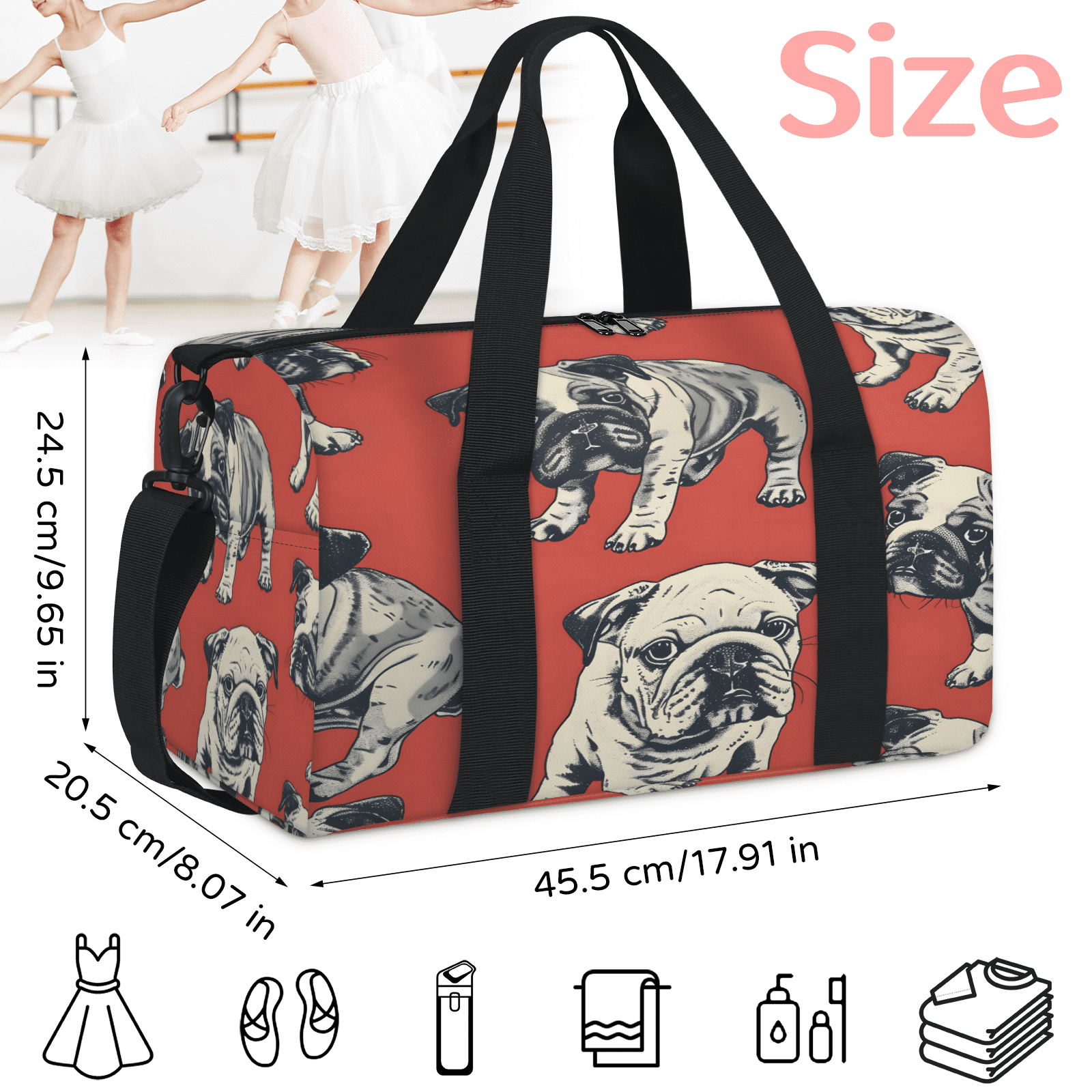 Herdesigns Bulldog Dogs Travel Duffle Bag Sports Yoga Weekender Overnight Carry on Workout Bags Lightweight Waterproof Gym Tote Bag for Women