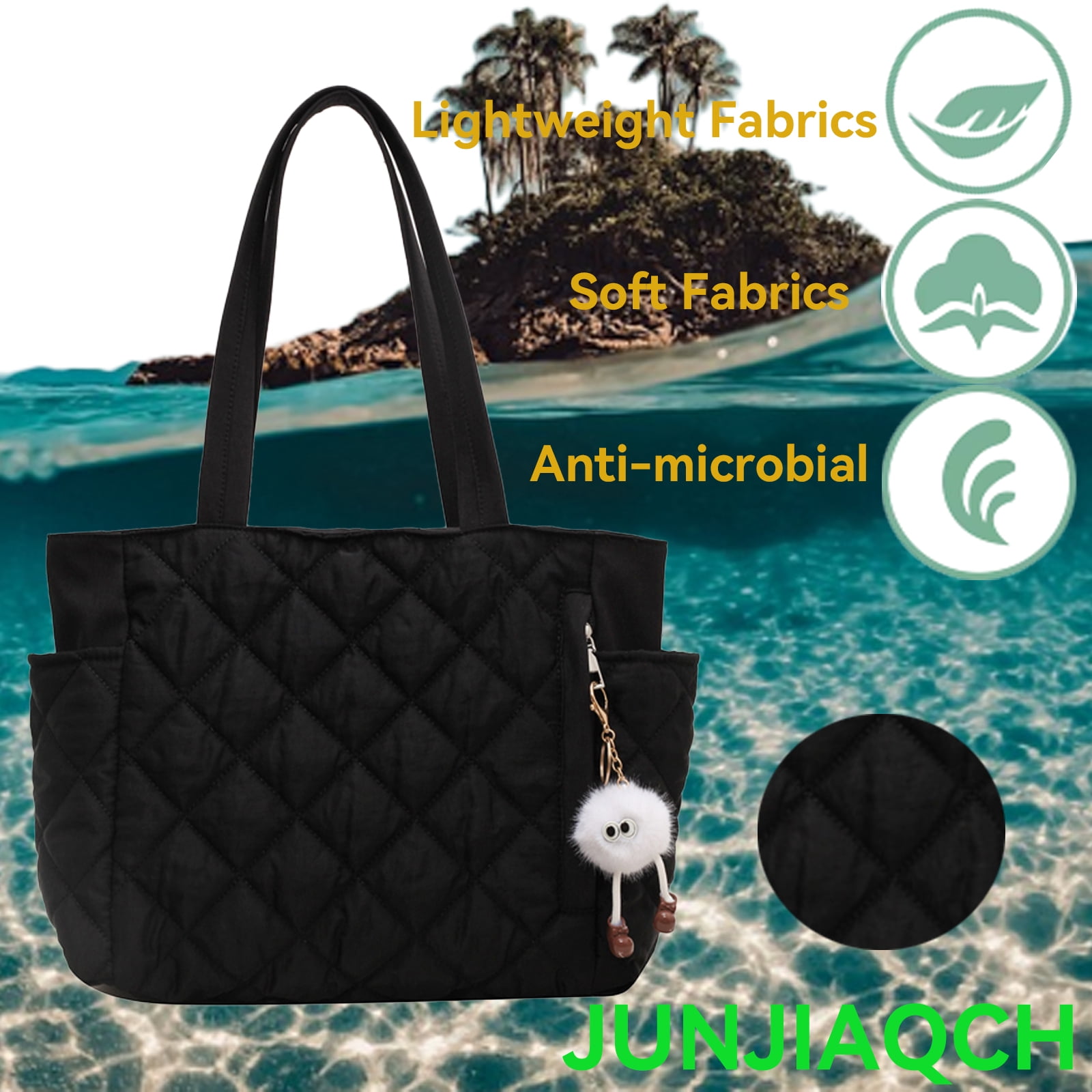 Travel Totes，Puffer Work Tote Bag for Women, Quilted Puffy Bag with compartments (Black)