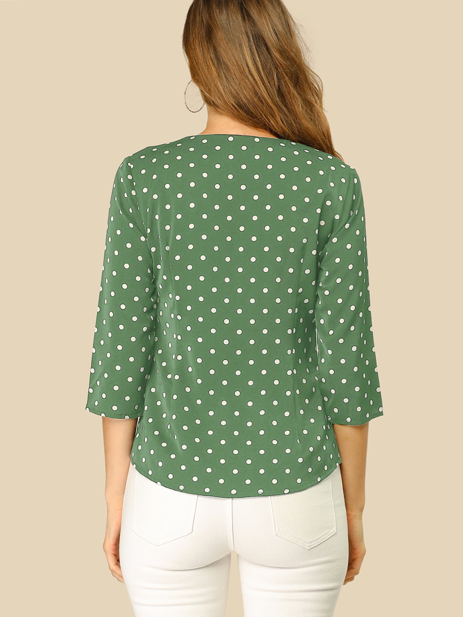 DARING DIVA Women's Polka Dots 3/4 Sleeve Button Front V Neck Blouse 2XL Olive Green