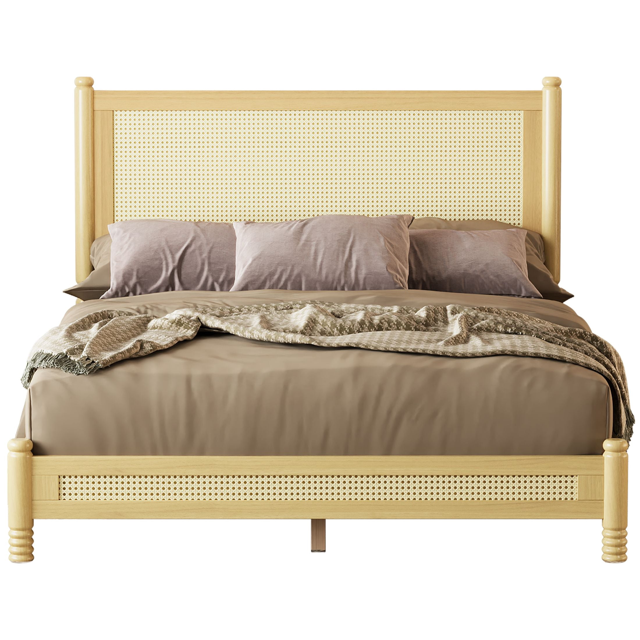 GDF Studio Annes Full Size Boho Rattan Platform Bed Frame with Turned Legs, Woven Cane Pine Wood Bed Frame, Natural