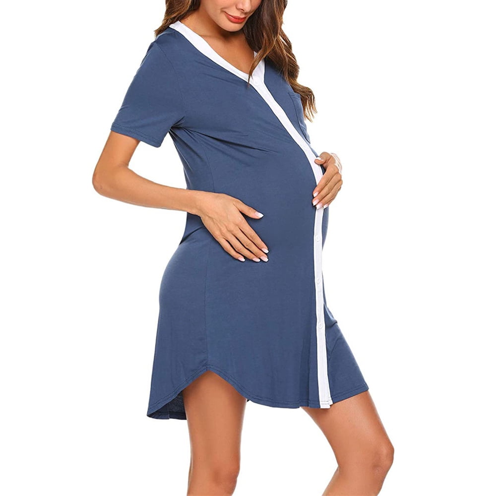 Women Button Down Breastfeeding Nightgown,Short Sleeve Round Neck