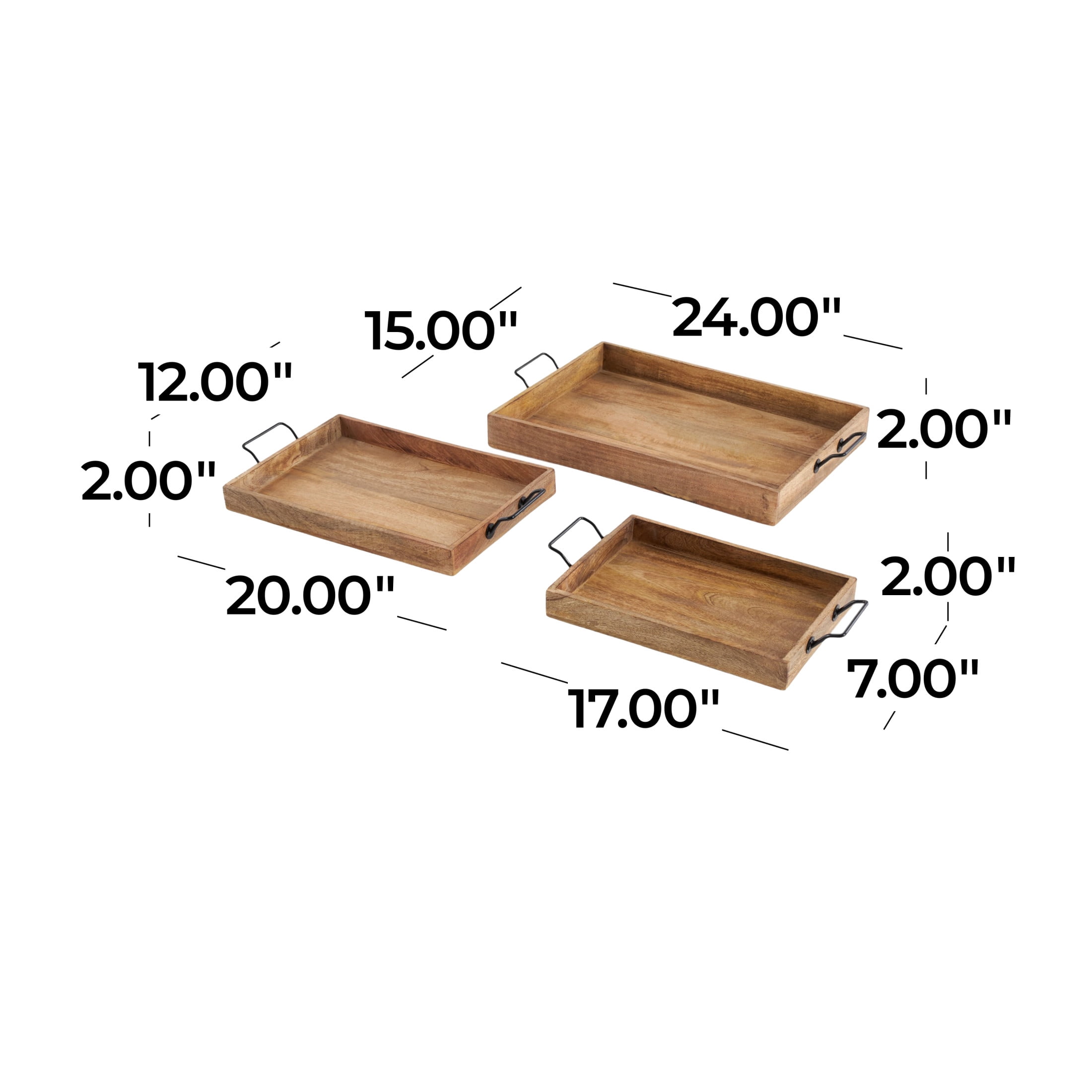 DecMode 17", 20", 24"W Brown Mango Wood Rectangular Tray with Black Metal Handles, 3-Pieces