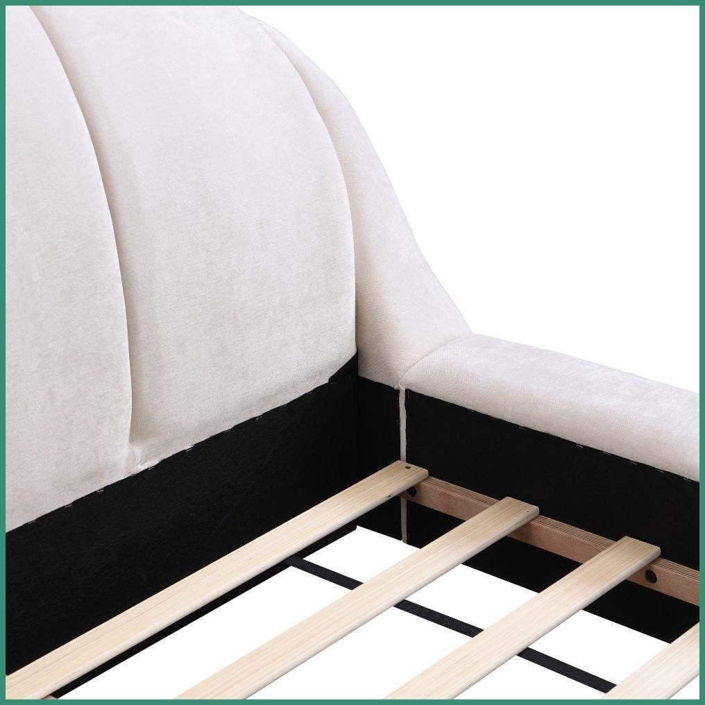 King Size Beige Chenille Upholstered Platform Bed Frame - Solid Rubberwood, No Box Spring Needed, Silent for Master Bedroom
