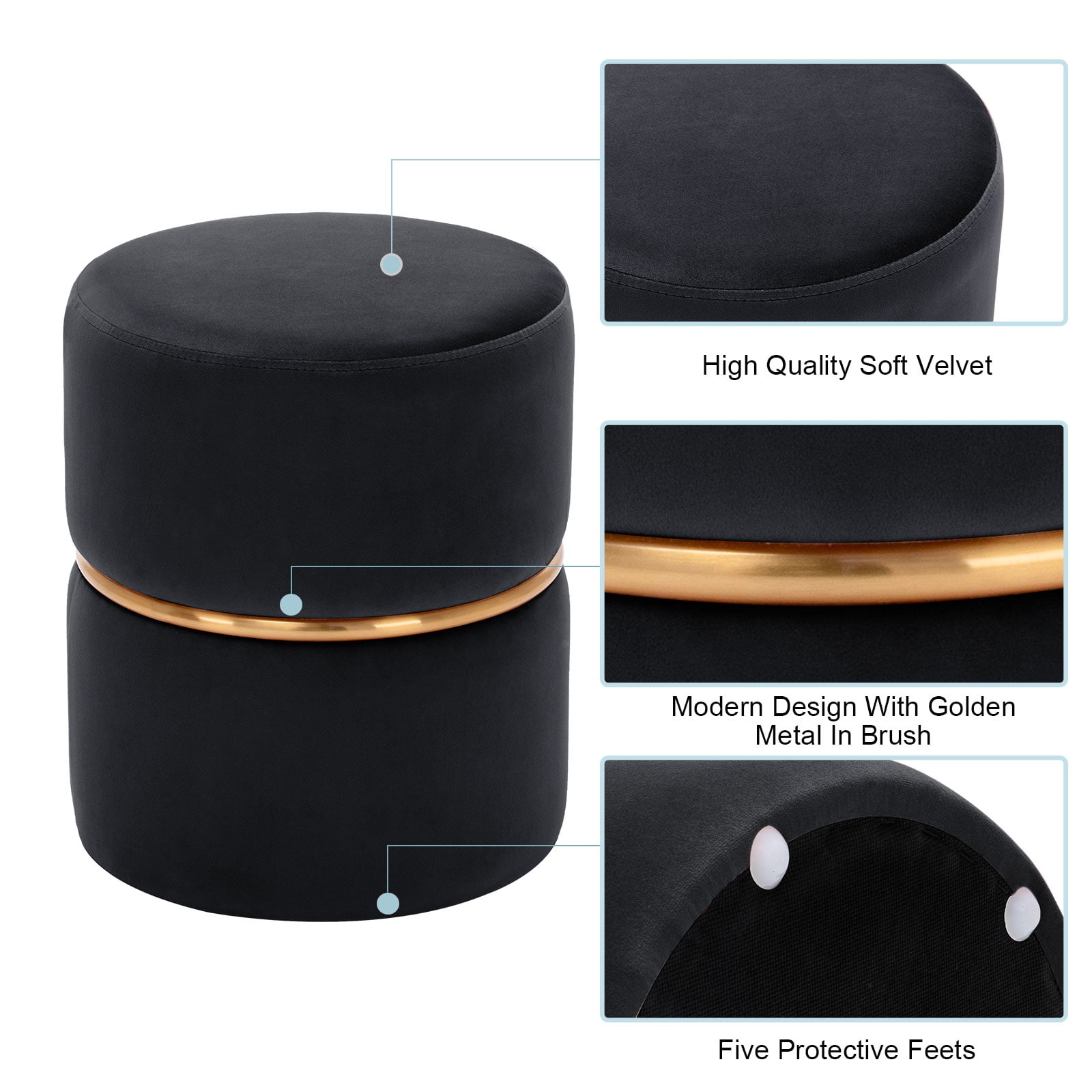 Duhome Round Ottoman Footstools Velvet Vanity Stool Furry Makeup Stool for Bedroom Living Room Decorative Padded Small Bench, Black and Gold