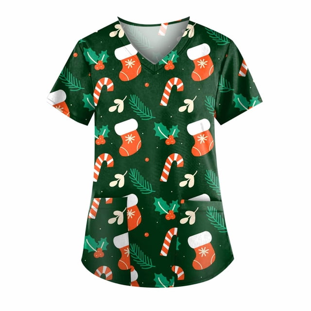 TIMIFIS Blouse d'Uniforme Imprimée de Noël, Manches Courtes, Col en V, avec Poches - Vert Armée/hiver