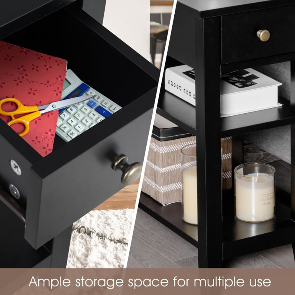 Finihen End Side Table, Rectangular Nightstand, 3-Tier Nightstand Bedside Table Sofa Side with Double Shelves Drawer, for Living Room, Bedroom, Black Finihen End Side Table, Rectangular Nightstand, 3-Tier Nightstand Bedside Table Sofa Side with Double Shelves Drawer, for Living Room, Bedroom, Black