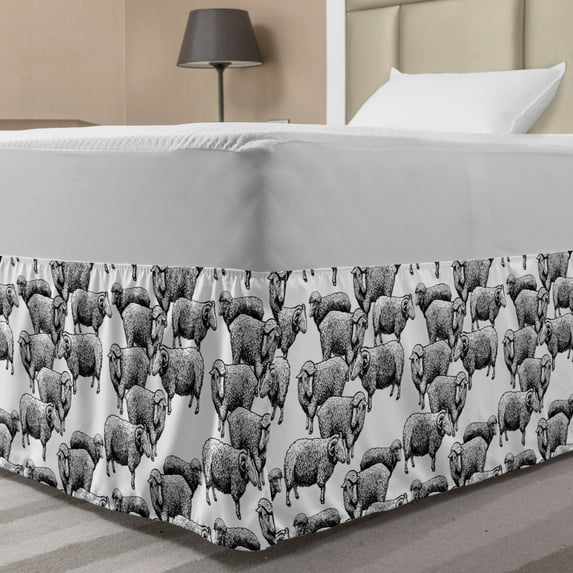 Cattle Bed Skirt, Vintage Engraved Style Herd of Sheep and Lamb with Fur on White Background, Elastic Bedskirt Dust Ruffle Wrap Around for Bedding Decor, 4 Sizes, Black and White, by Ambesonne