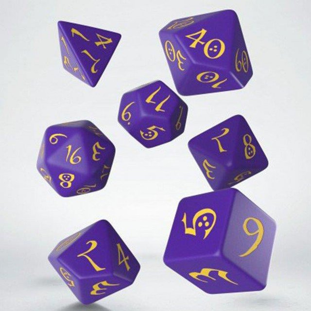 Q-Workshop QWOSCLE93 Ensemble de dés Classique de RPG - Violet et Jaune, Ensemble de 7